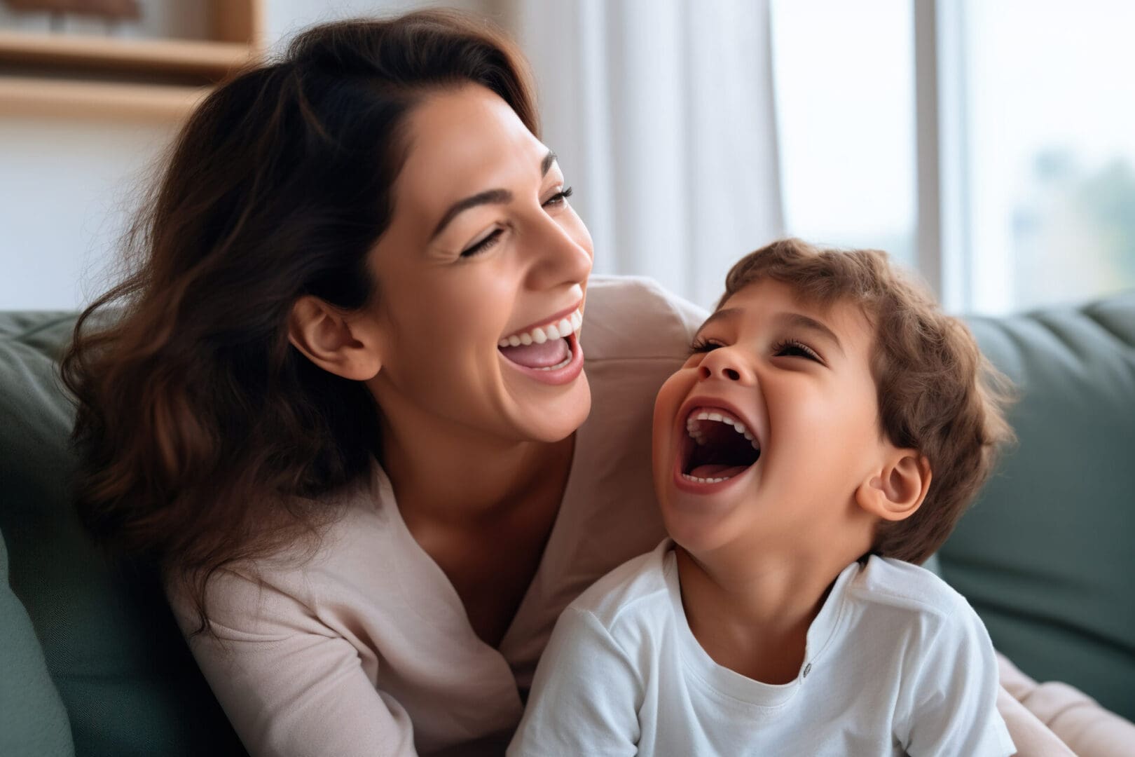 Happy young Latin mother and little son having fun on cozy couch in living room, overjoyed mum and preschool child tickling, cuddling, enjoying leisure time together,